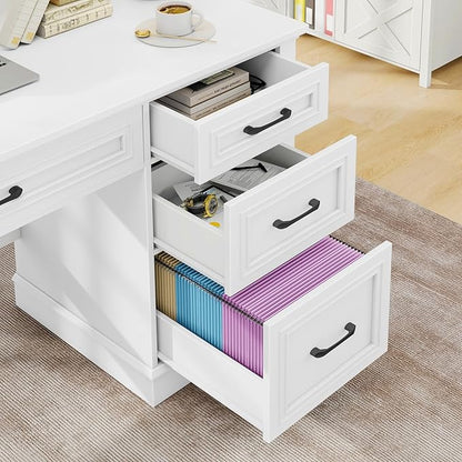 Vabches Farmhouse 47" Executive Desk, Computer Desk with Drawers and File Drawer, Workstation Computer Desk with Charging Station for Home Office,Study,Cream White.