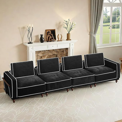 146" Cloud Modular Sectional Sofa,Oversized Deep 4 Seater Couch with Armrests Wooden Legs,Comfy Thicked Cushion Upholstered Sofa for Living Room Bedroom,Black