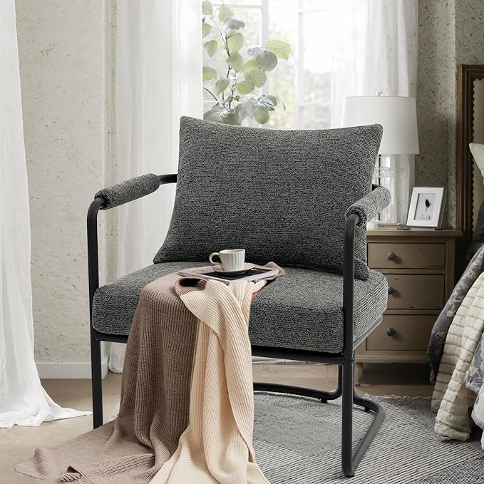 Accent Chairs Set of 2 for Living Room, Mid Century Modern Upholstered Reading Armchairs for Bedroom, Office, with Comfy Chenille Cushion & Metal Frame, Dark Grey