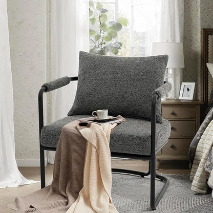 Accent Chairs Set of 2 for Living Room, Mid Century Modern Upholstered Reading Armchairs for Bedroom, Office, with Comfy Chenille Cushion & Metal Frame, Dark Grey