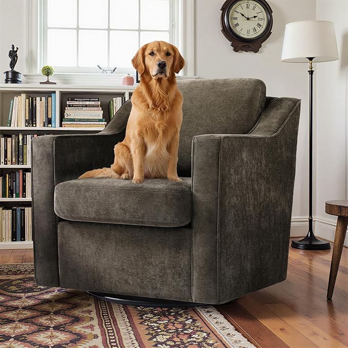 Pia Ricco 360° Swivel Accent Chair, Plush Oversized Chenille Fabric Armchair with Removable Cover for Living Room and Reception,Night Brown Black