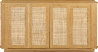 LKTART 64" Sideboard Buffet Cabinet with Storage, Wooden Fluted Storage Cabinet Sideboard with Adjustable Shelves Pressed Spring Rattan Doors for Kitchen Living Room (Natural)