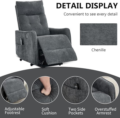 PELUMY Manual Lift Recliner Chair with Massage and Heat for Elderly, Single Motor Electric Lift Chair, Heavy Duty Recliner with USB Charging & Side Pockets (Chenille, Grey)