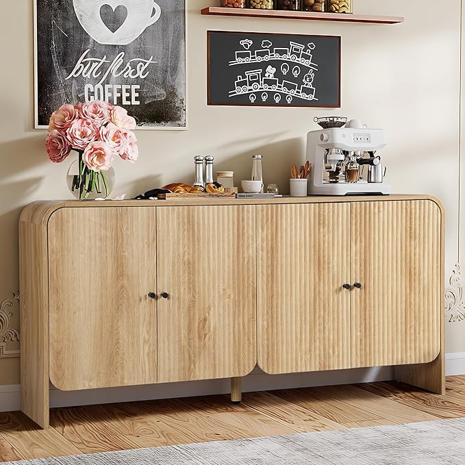 Fluted Sideboard Buffet Cabinet with Storage, 59'' Curved Buffet Cabinet with 4 Doors & Shleves, Modern Credenza Wood Coffee Bar Table Console for Dining Room Kitchen Living Room Entryway, Natural