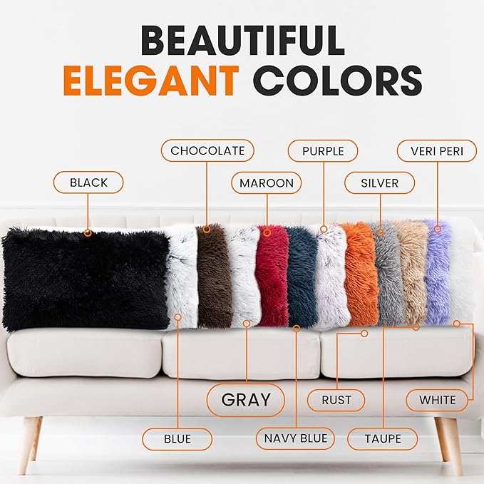 Cheer Collection Throw Pillows for Couch and Bed, Soft Shaggy Throw Pillows with Inserts Included, Cozy Long Hair Faux Fur Pillows - Set of 2-12" x 20" - Gray