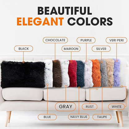 Cheer Collection Throw Pillows for Couch and Bed, Soft Shaggy Throw Pillows with Inserts Included, Cozy Long Hair Faux Fur Pillows - Set of 2-12" x 20" - Gray