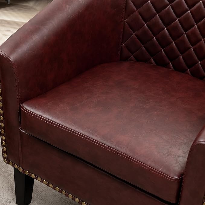 KINWELL 29" W Faux Leather Barrel Chairs Set of 2, Modern PU Upholstered Tufted Club Chairs with Nailhead Trim, Small Armchairs Accent Chairs for Living Room Bedroom Apartment Lounge Nursery, Red