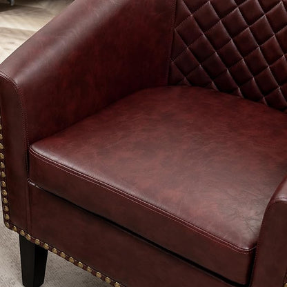 KINWELL 29" W Faux Leather Barrel Chairs Set of 2, Modern PU Upholstered Tufted Club Chairs with Nailhead Trim, Small Armchairs Accent Chairs for Living Room Bedroom Apartment Lounge Nursery, Red