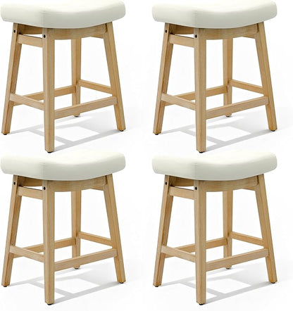 Counter Height Bar Stools Set of 4 for Kitchen Island Modern Barstools with Upholstered Faux Leather Backless Seat and Solid Wood Legs, 24 inch Farmhouse Bar Chairs, White