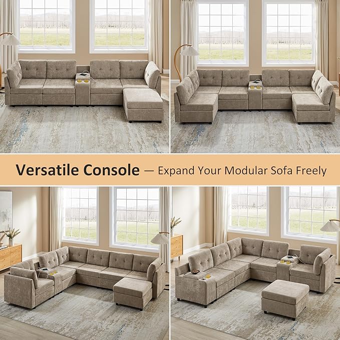 VANOMi 4 Seat Modular Cloud Sofa with Ottoman, 118" Modular Sectional Sofas & Couches for Living Room, Cozy Chenille Cloud Sectional Couch Sofas for Living Room, Apartment, Office, Camel, L Shaped
