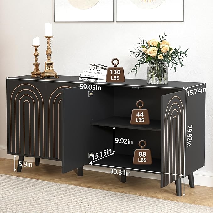 59" Buffet Cabinet with Storage, Modern Accent Sideboard Storage Cabinet with 4 Doors & Carving Lines, Wooden Coffee Bar Table Console for Living Room Kitchen Office and Hallway (Black)