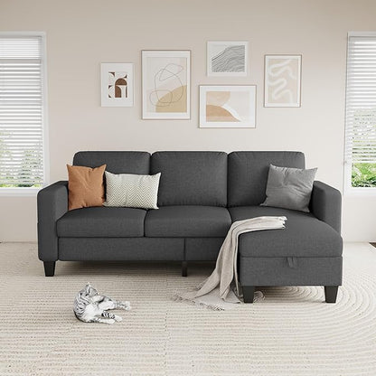 Sectional Sofa and Couches for Living Room, 78'' Dark Grey 3 Seat L-Shaped Couch with Movable Ottoman, Comfy Fabric Convertible Sectionals Sofas with Chaise for Apartment, Office, Small Space