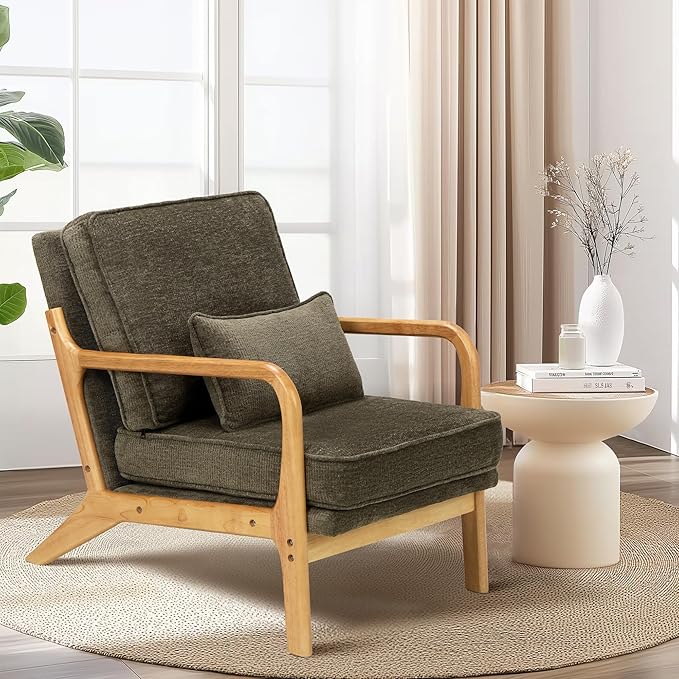 Modern Accent Chair Set of 2 with Lumbar Pillow, Relaxing Mid Century Chair Armchair with Solid Wood Frame & Soft Cushion, Reading Leisure Armchair for Living Room, Green