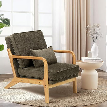 Modern Accent Chair Set of 2 with Lumbar Pillow, Relaxing Mid Century Chair Armchair with Solid Wood Frame & Soft Cushion, Reading Leisure Armchair for Living Room, Green