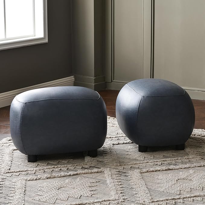 KINWELL 23" Wide Faux Leather Upholstered Ottoman Set of 2, Mid-Century Modern Living Room Footrest with Soft Padded Seat, Footstool for Bedroom, Entryway or Living Room, Navy