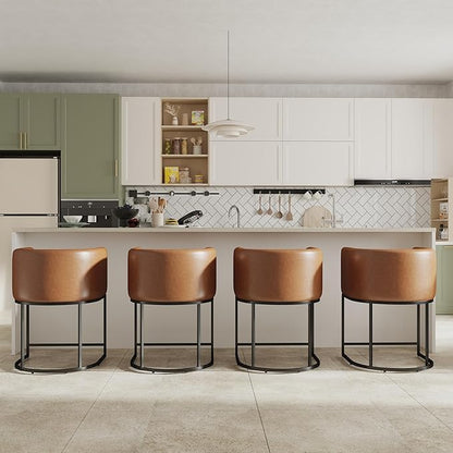PU Leather Bar Stools, Modern Upholstered Counter Height Bar stools 24" Leather Barstools Barrel Kitchen Counter Island Stools with Black Metal Base, Brown