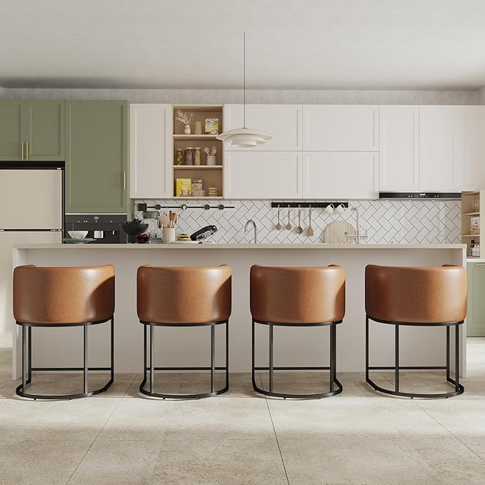 PU Leather Bar Stools Set of 4, Modern Upholstered Counter Height Bar stools 24" Leather Barstools Barrel Kitchen Counter Island Stools with Black Metal Base, Brown