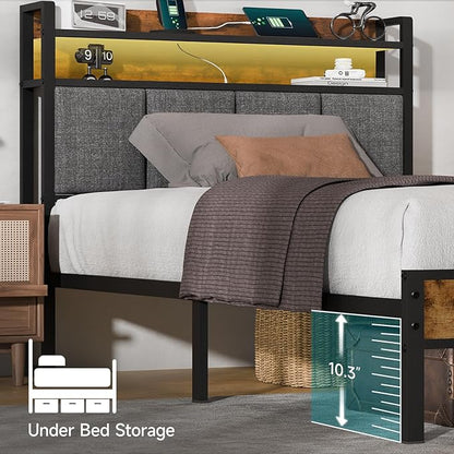 Z-hom Full Bed Frames, Full Bed Frame with 2-Tier Storage Upholstered Headboard, Metal Platform with USB Charging Station & LED Lights, Noise Free, No Box Spring Needed, Easy Assembly, Vintage Brown