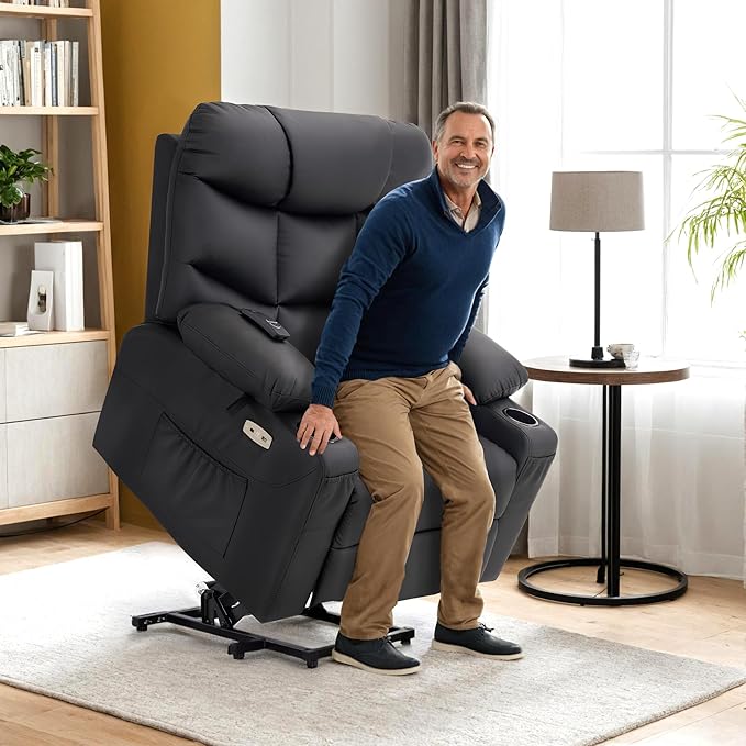 MCombo Power Lift Recliner Chair with Extended Footrest for Elderly People, Faux Leather 7287 (Black, Medium)