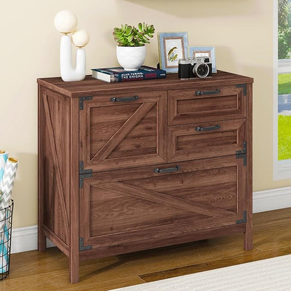 Lateral File Cabinet with 4 Drawers, Farmhouse File Cabinet for Letter/Legal/A4 Size Hanging Files, Large Wood File Storage Cabinets Printer Stand for Home Office Cabinets, Rustic Brown