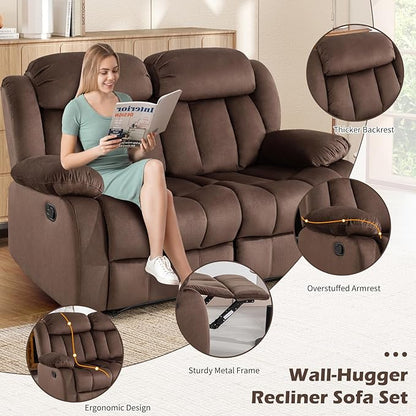 INZOY Manual Loveseat Recliner Sofa with Padded Armrest, Wall-Hugger 2 Seat Reclining Love Seat Couches with Overstuffed Back, Double Seater Reclining Chair for Living Room Theater Seating, Brown