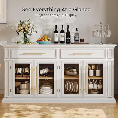 LGHM 63" Sideboard Buffet Cabinet with Storage, Modern Credenza with 4 Doors & Adjustable Shelves, Wood Coffee Bar Kitchen Cabinet with 2 Large Drawers for Living Room