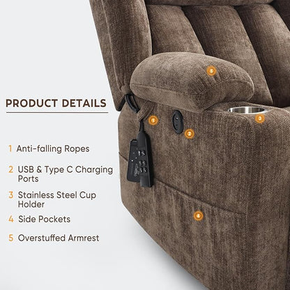 Dual Motor Lift Recliner Chair - Durable Heavy Duty Steel Mechanism Chenille Fabric High-Density Sponge, USB & Type-C Port Brown Standing Assistance Reclining Chair