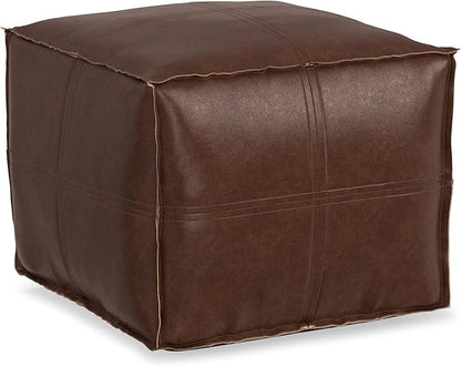 SIMPLIHOME Brody 18-inch Wide Square Pouf in Distressed Dark Brown Vegan Faux Leather, Boho-Style Ottoman, Footstool or Extra Seating for Living Room, Assembled