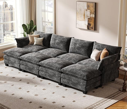 KKL 120" Huge Modular Sectional Sofa Bed, 8 Seater Convertible J/L/U-Shaped Sleeper Cloud Couch with Ottoman, Chenille Sectional Couches for Living Room, Apartment, Grey