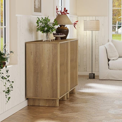 Sideboard Buffet Cabinet with Storage, Natural Freestanding Floor Cabinet Farmhouse Sideboard with 2 Fluted Doors Wooden Hallway Cabinet Media Console Table Credenza for Living Room Dining Room, 2PCS