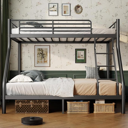 Bunk Beds Twin Over Full Size, Heavy Duty Bunk Beds with Bottom Space & Guardrail Metal Bunk Bed Frame for Adults Dorm Bedroom Guest Room, No Box Spring Needed（Upgrate Black）