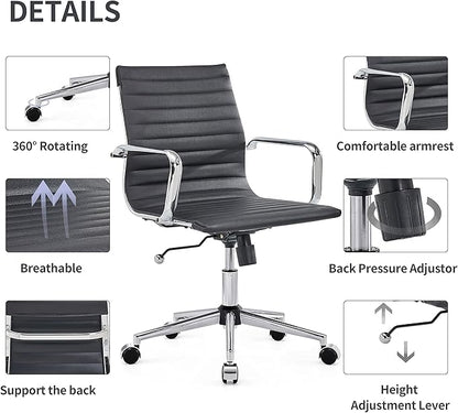 Modern Black Office Chair Computer Desk Chairs Conference Leather Home Office Dsek Chair Mid Back Swivel Chairs with Arms (Black)…