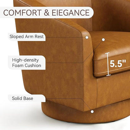 Swivel Barrel Accent Chair, Round Faux Leather Living Room Arm Chairs, Modern Upholstered Comfty Reading Nook Chairs for Bedroom, Small Club Armchair, Single Sofa Side Chair, Brown