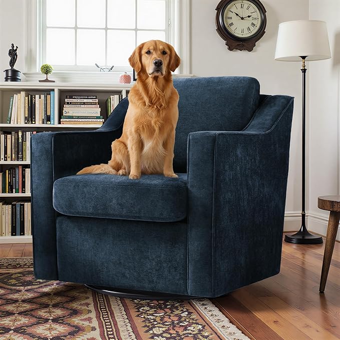 Pia Ricco 360° Swivel Accent Chair, Plush Oversized Chenille Fabric Armchair with Removable Cover for Living Room and Reception,Grey Blue