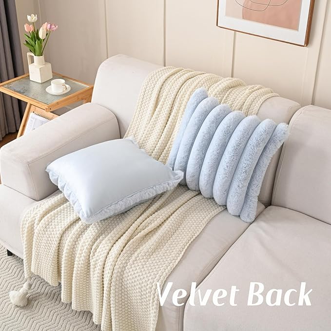 FUTEI Light Blue Decorative Throw Pillow Covers 22x22 Inch Set of 2, Square Soft Faux Rabbit Fur Thick Striped Cushion Cover,Winter Home Decor for Couch Bed Living Room