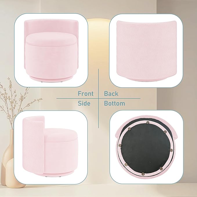 360° Swivel Accent Chair with Storage, Vanity Stool with Back, Velvet Storage Ottoman, Upholstered Round Barrel Vanity Chair for Living Room, Makeup Room, Bedroom (Pink)