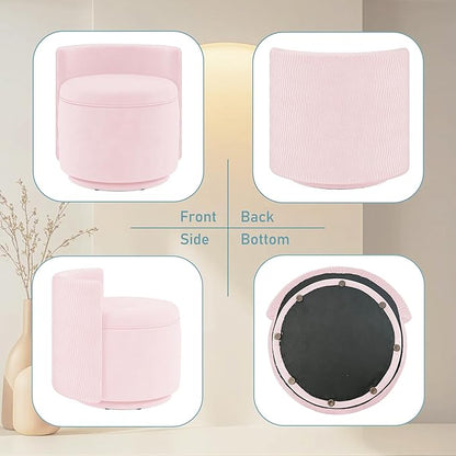 360° Swivel Accent Chair with Storage, Vanity Stool with Back, Velvet Storage Ottoman, Upholstered Round Barrel Vanity Chair for Living Room, Makeup Room, Bedroom (Pink)