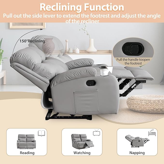 Manual Reclining Loveseat Anti-Scratch Loveseat Recliner Sofa with Side Pocket and Cupholders Wall Hugger 2 Seat Reclining Sofa Chair for RV Living Room Meeting Room Bedroom Apartment