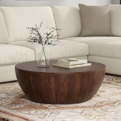 SIMPLIHOME Elmbrook Coffee Table - 34 inch Wide Solid Mango Wood Modern Industrial Round Drum Cocktail Table in Walnut Brown, Sculptural Living Room Table with Low Profile Design, Assembled