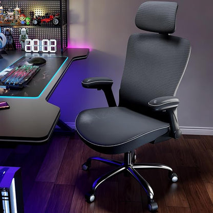 Ergonomic Office Chair-Computer X-Shaped Chair Mesh PU Leather with Adjustable Lumbar Support-Executive Desk Chair High Back with Headrest Flip-Up Arms for Long Hours (Black-Silver)
