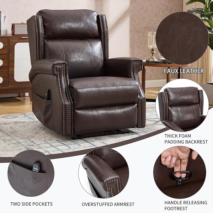 Manual Recliner Chair with Massage & Lumbar Heat, Breathable Leather Reclining Chair for Adults, Humanized Design Easy to Install Living Room Recliners Brown