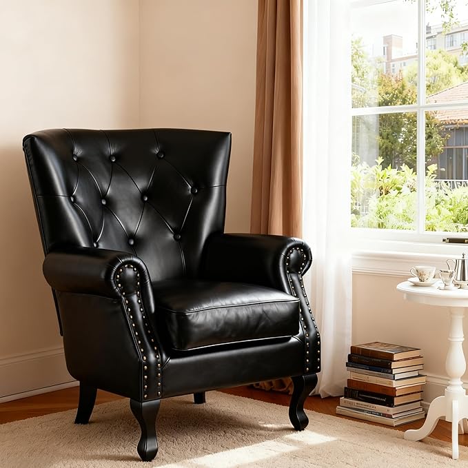 Modern Faux Leather Accent Chair, Upholstered Mid-Century Armchair with Solid Wood Legs, Single Sofa Chair for Living Room, Bedroom, or Reading Room（Black）