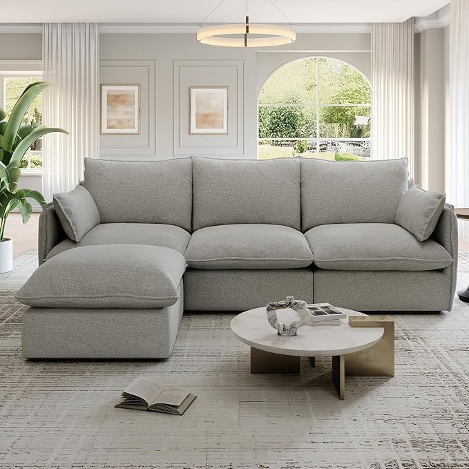 94.6" Cloud Modular Sectional Sofa, Waterproof Down Filled Sectional Sofas, High Backrest L Shaped 3 Seater Sectional Couches with Ottoman, Modular Couch with Removable Cover, Light Gray
