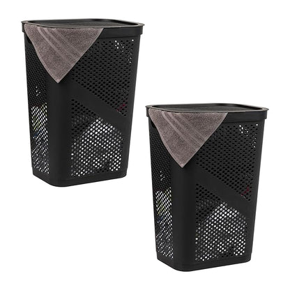 Mind Reader 60L Slim Laundry Hamper, Clothes Basket, Lid, Ventilated, Plastic, Set of 2, Black