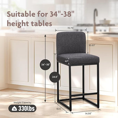 ALPHA HOME 24" Bar Stools Set of 2 Kitchen Counter Stools with Back, Counter Height Stools with Upholstered Footrest for Kitchen Island, Metal Steel Frame, Chenille, Darkgray
