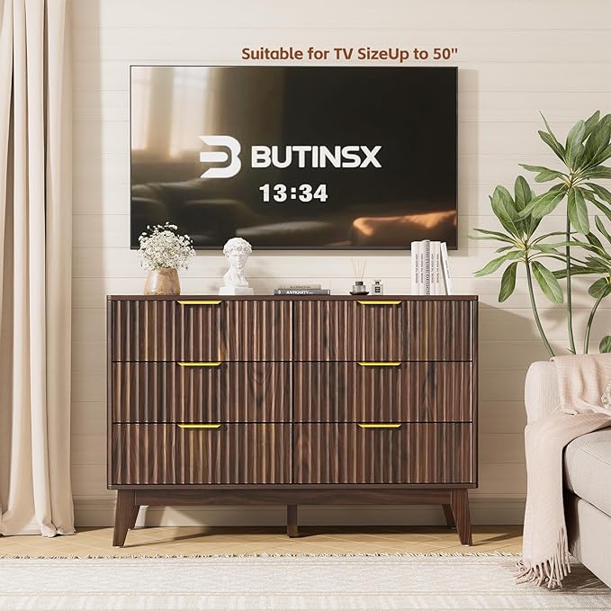 Modern 6 Drawer Dresser, Walnut, Fluted Wave Design, Rounded Corners, Mid Century Dresser TV Stand, 48" Wide Chest of Drawers for Bedroom and Living Room