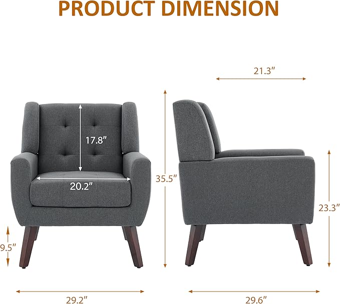 Accent Chair, Mid-Century Modern Upholstered Armchair, Comfy Fabric Living Room Chairs Reading Chairs with Button Tufted Back & Solid Wood Legs for Bedroom, Office, Gray