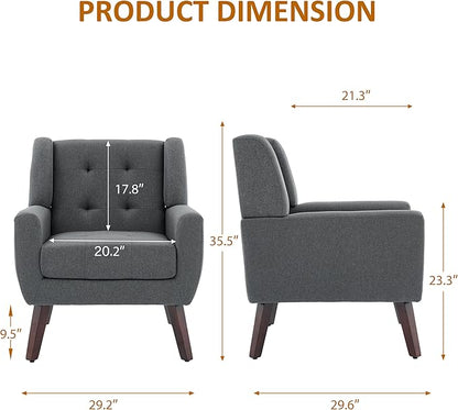 Accent Chair, Mid-Century Modern Upholstered Armchair, Comfy Fabric Living Room Chairs Reading Chairs with Button Tufted Back & Solid Wood Legs for Bedroom, Office, Gray