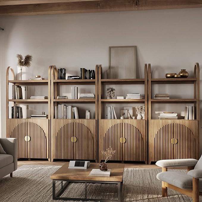 BELLEZE Book Shelf 72" Tall Arched Bookcase with Storage, 5 Tier Mid Century Modern Fluted Bookshelf with Doors, Modular Bookshelves for Living Room Office Library, Set of 4 (Caramel Brown)