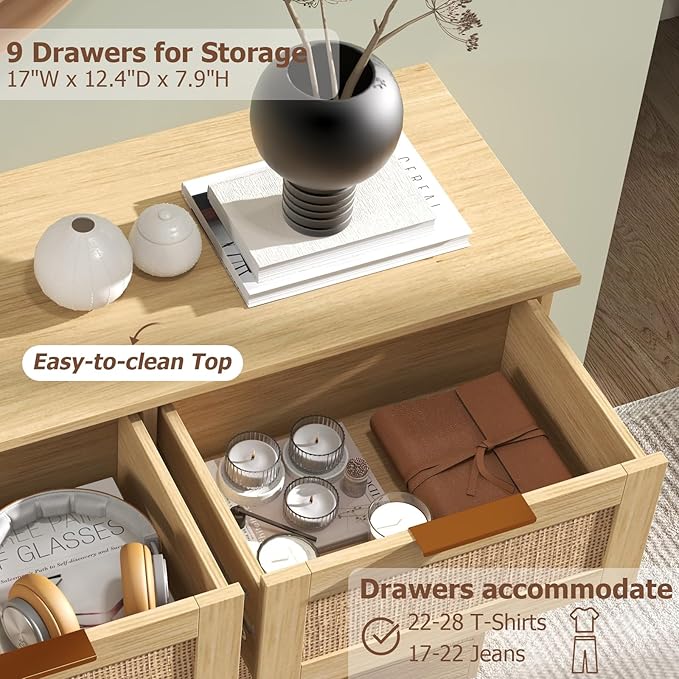 LTMEUTY 9 Drawer Dresser for Bedroom, Rattan Chest of Drawers, Modern Boho Wood Dresser Chest with Golden Handles, 55” Wide Large Storage Long Dressers Organizer for Closet, Entryway, Living Room